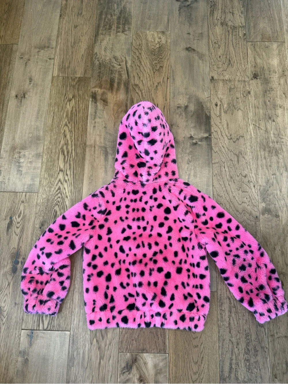 Hannah Banana Pink Faux Fur Hooded Jacket with Black Leopard Spots size 14